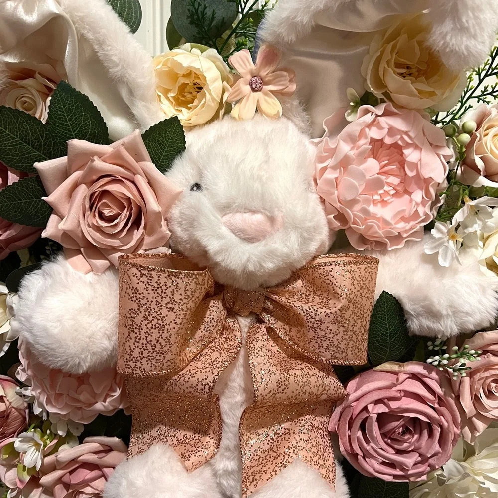 Handmade Floral Bunny Spring Silk Flower & Ribbon Wreath 22 in W7